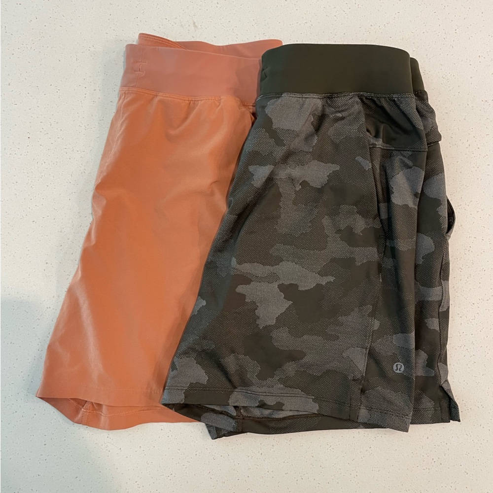 Two pairs men’s Lulu lemon shorts - clay and camo